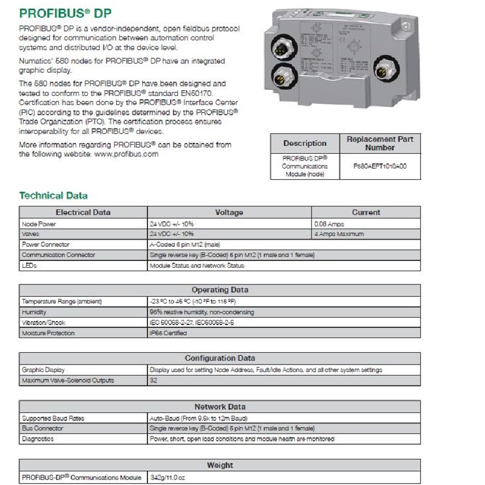 P580AEPT1010A00 NUMATICS/AVENTICS MANIFOLD PART 580 SERIES PROFIBUS NODE