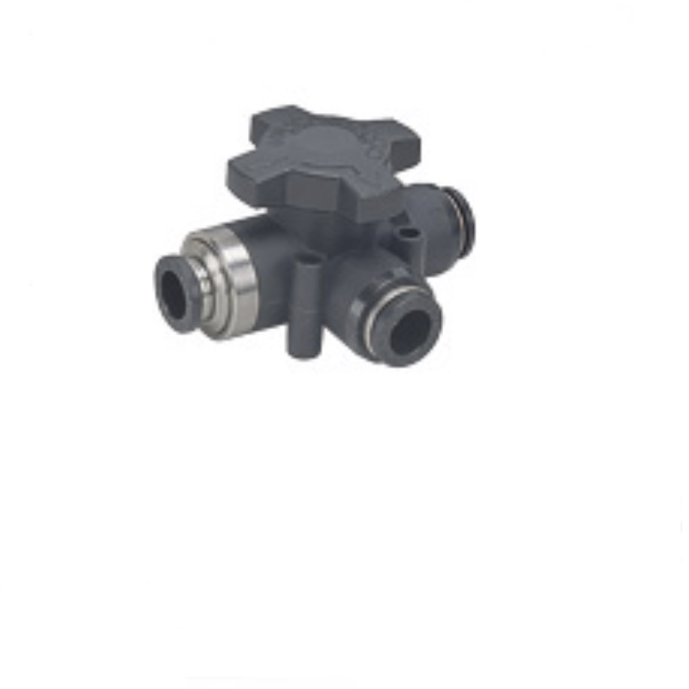 HBV1/4-1/4 PISCO MECHANICAL VALVE 3 WAY 1/4" TUBE UNION, KNOB ADJ