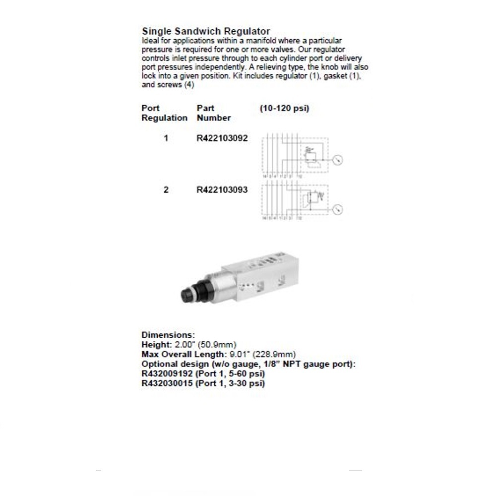 R422103092 NUMATICS/AVENTICS SANDWICH REGULATOR ISO2 5599/1 SERIES SGL PR 10-120PSI