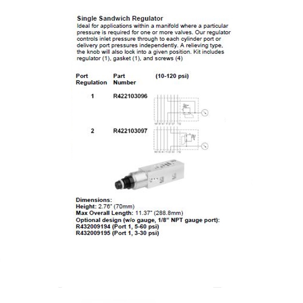R422103096 NUMATICS/AVENTICS SANDWICH REGULATOR ISO3 5599/1 SERIES SGL PR 10-120PSI