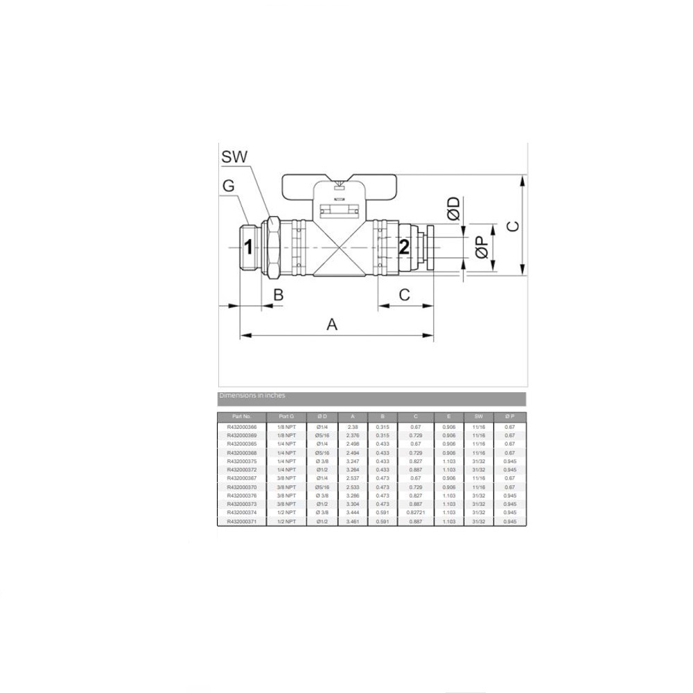 R432000370 NUMATICS/AVENTICS PLASTIC PUSH-IN BALL VALVE 5/16" TUBE X 3/8" NPT MALE, T HANDLE, 145PSI (OVAL)