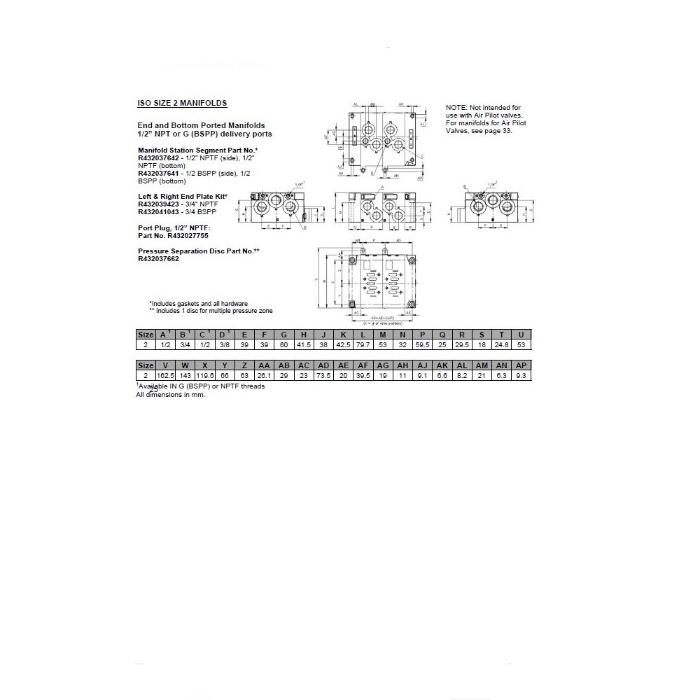 R432037642 NUMATICS/AVENTICS MANIFOLD BLOCK ISO2 5599/1 SERIES 1/2" NPT S/B PORTS