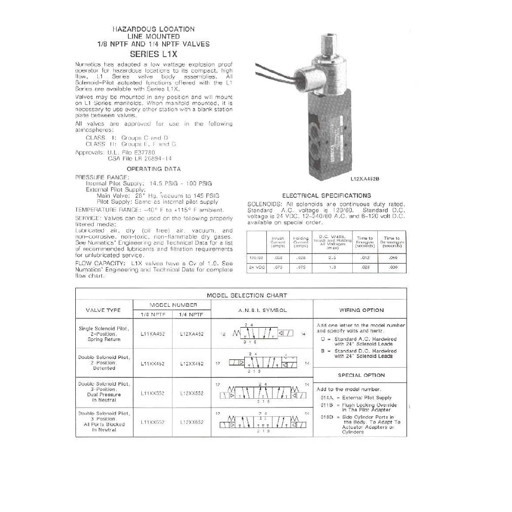 L11XA452OP00030 NUMATICS/AVENTICS SOL-PILOT HAZARDOUS VALVE L1 SERIES 4/2 SPR RTN 120VAC, HW, 1/8" NPT