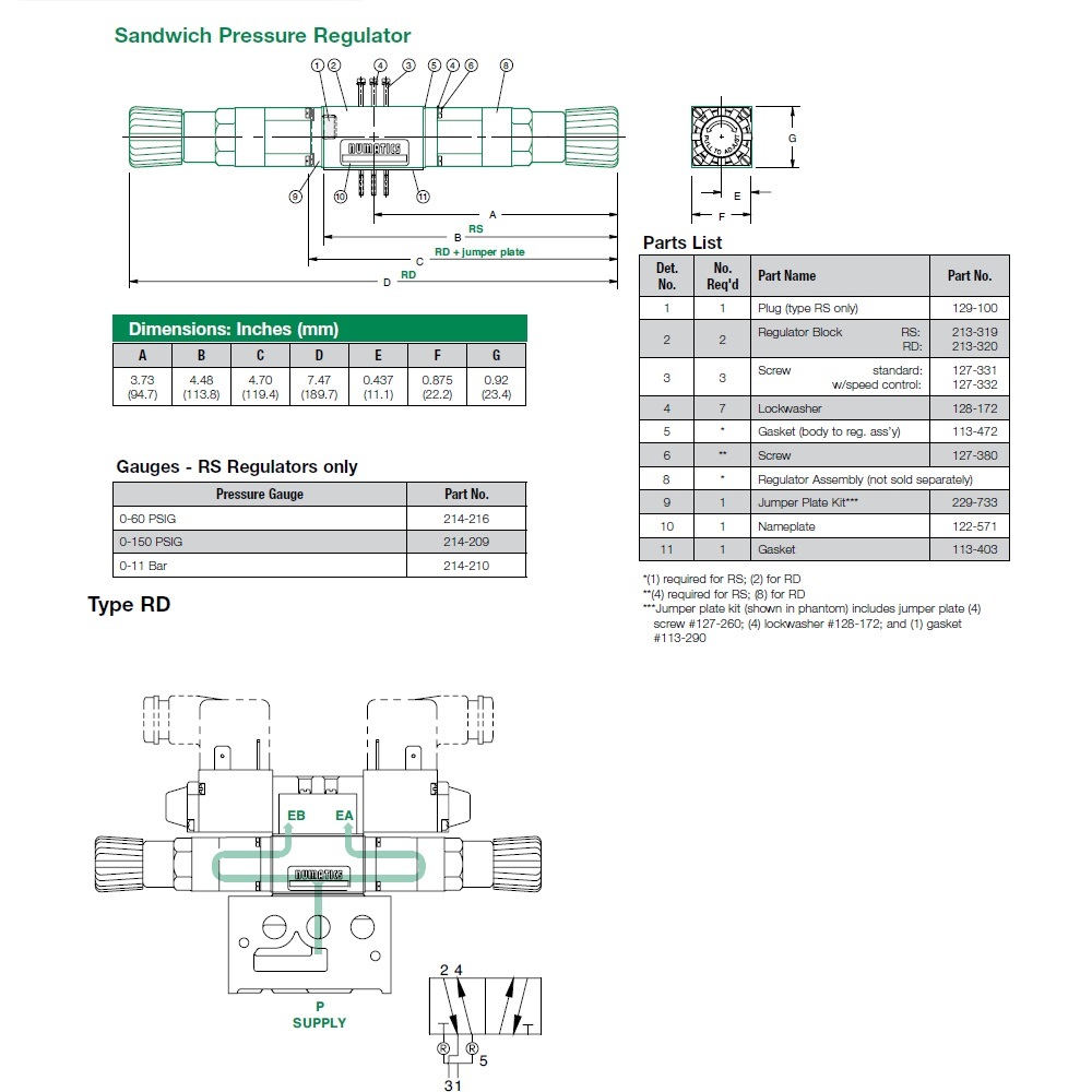 031RD741O000000 NUMATICS/AVENTICS SANDWICH REGULATOR/BASE MK3 SERIES DUAL PR 0-100PSI 1/8" NPT, HW