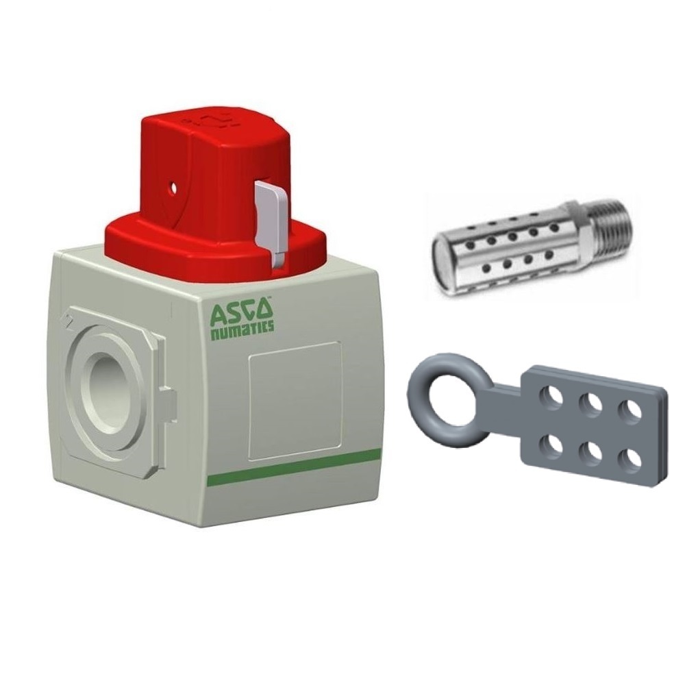 NUMATICS/AVENTICS SHUT-OFF VALVE 652 SERIES 3/2 1/2" NPT, 1/4" NPT EXHAUST, MUFFLER, SCISSOR LOCK, LP PSI GAUGE
