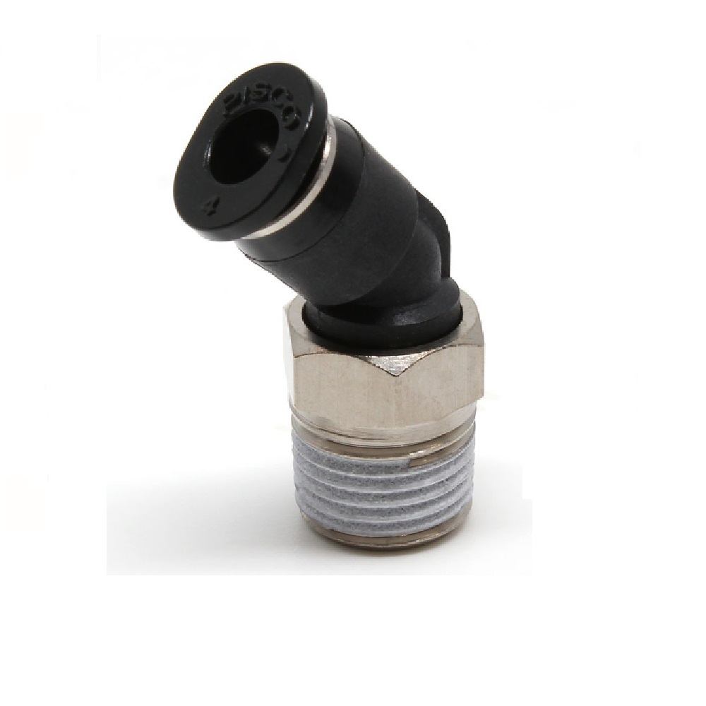 PISCO PLASTIC PUSH-IN FITTING 10MM TUBE X 1/4" BSPT MALE 45DEG ELBOW