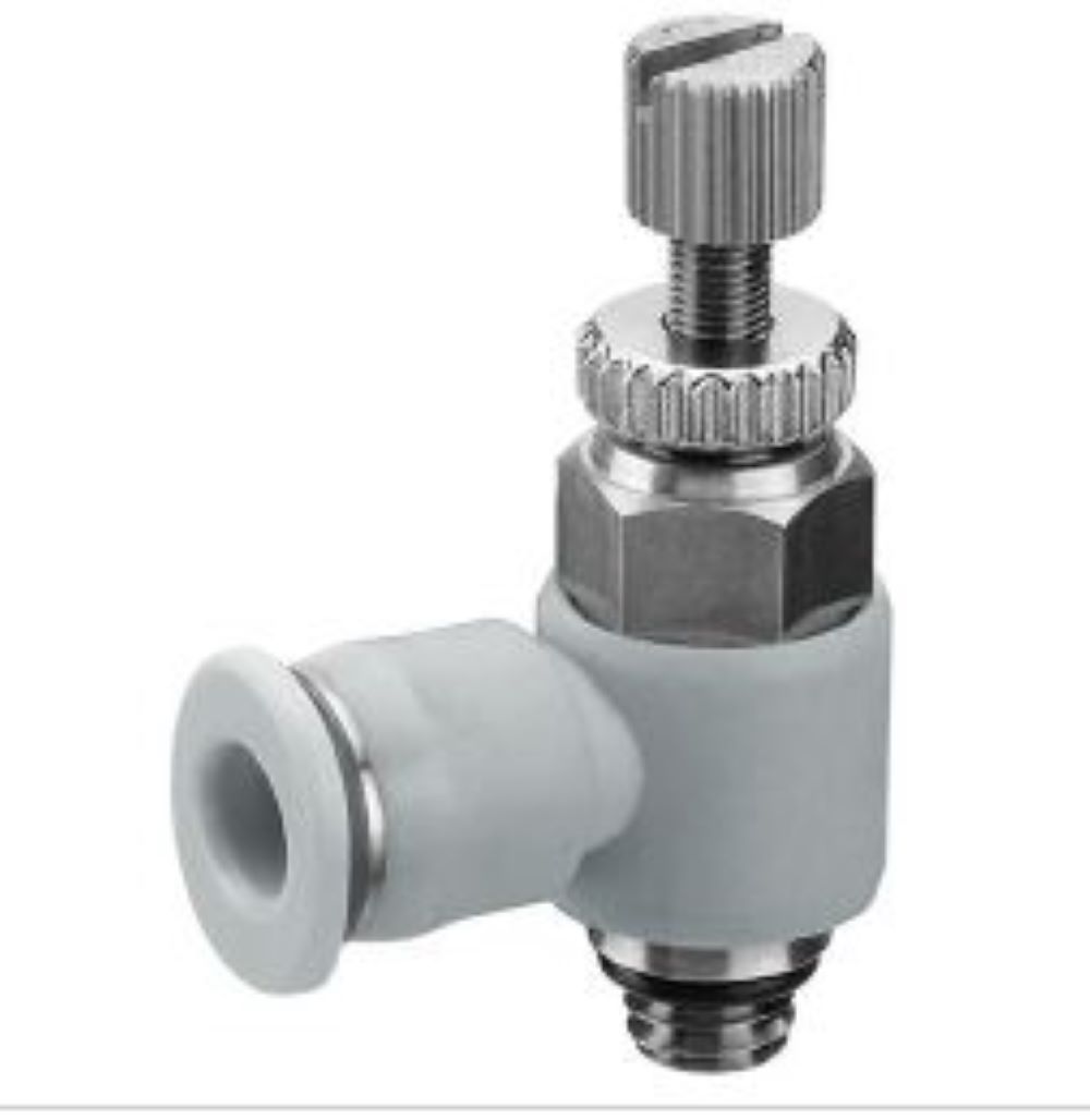 NUMATICS/AVENTICS PLASTIC FLOW CONTROL 5/32" TUBE X 10/32" UNF MALE METER OUT, KNOB ADJ (OVAL)