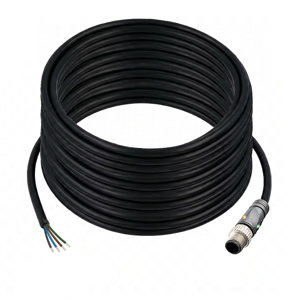 SINGLE ENDED MICRO CABLE, 4 PIN M12 MALE STRAIGHT PUR BLACK 22 AWG 20M PNP LED