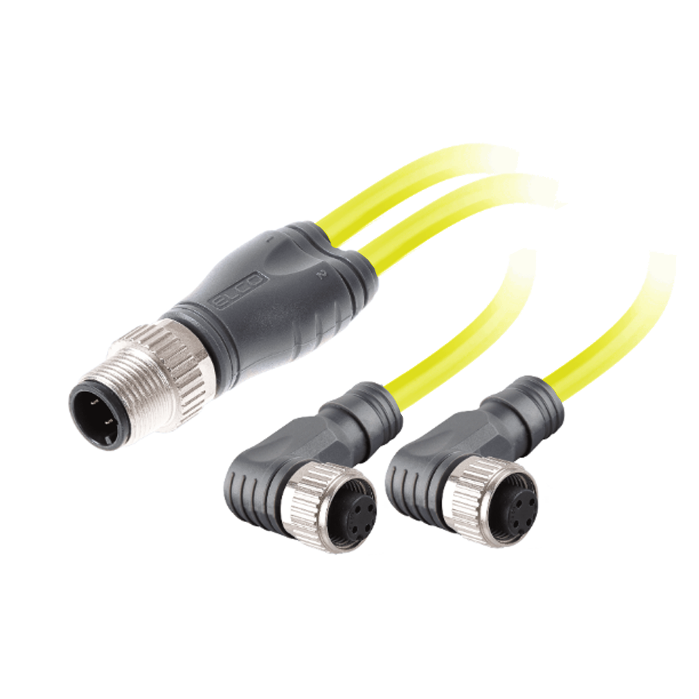 Y-SPLITTER STRAIGHT M12 MALE 4 PINS X (2) ELBOW M12 FEMALE 4 PINS, 1 METER YELLOW PUR, 22 AWG