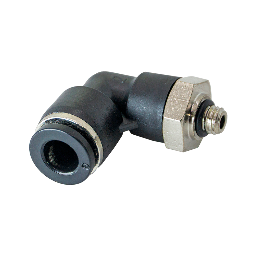 FLOFLEX COMPOSITE PUSH-IN PNEUMATIC FITTING, 6MM TUBE X M5 MALE 90 DEGREE REDUCING ELBOW