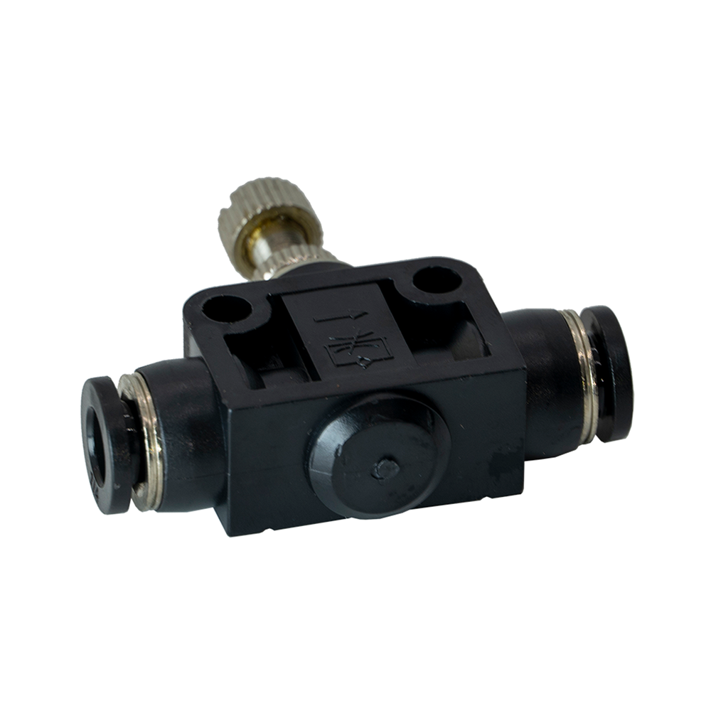 FLOFLEX PLASTIC PUSH-IN PNEUMATIC FITTING, 1/4" TUBE INLINE - KNOB ADJUSTMENT