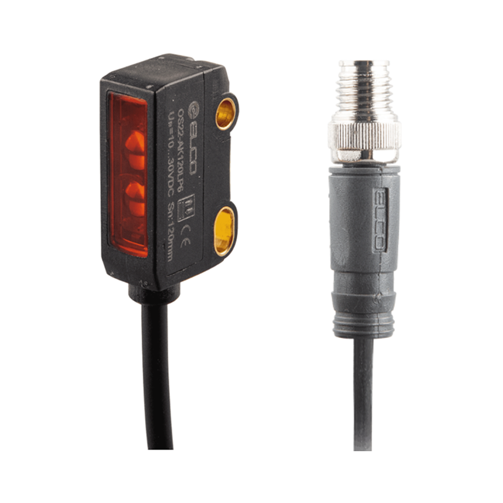 ELCO PHOTOELECT SENSOR, OS22-SERIES, DIFF FIXED BGS, RED BEAM, OR:4-15MM, NPN, DO, -10TO50 DEG C, SW FRQ:200HZ, 0.3 M CABLE+M12 4-PIN