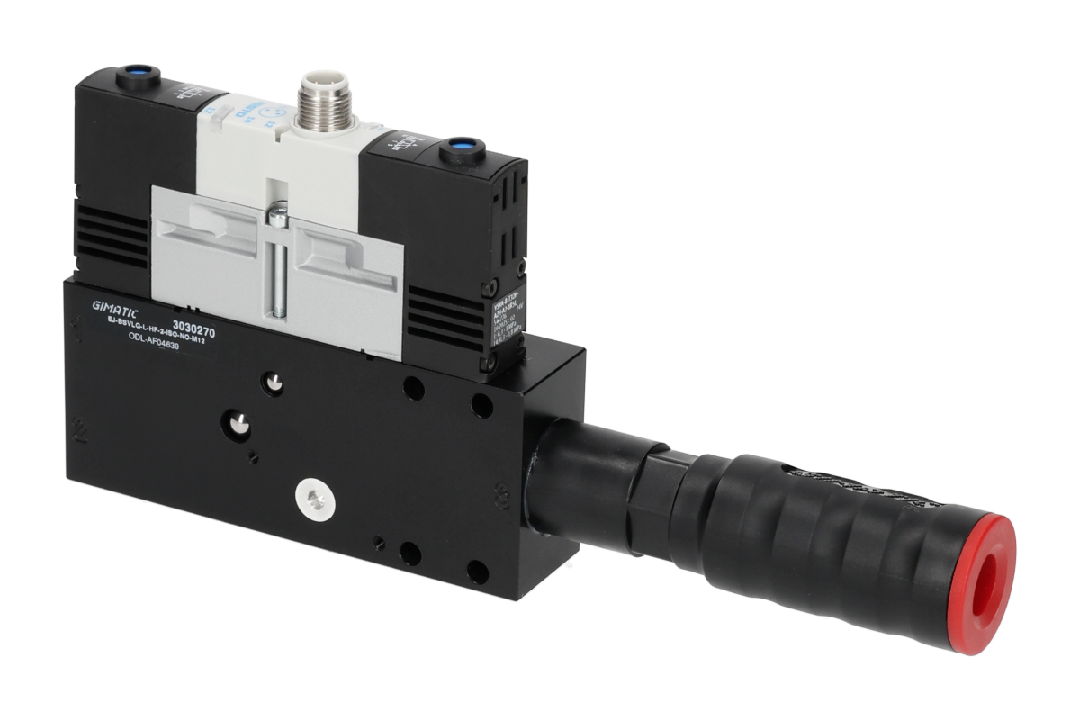 GIMATIC VACUUM EJ-BSVLG-LARGE-HF-2-ISO VACUUM PUMP WITH HOLDER AND INTEGRATED SILENCER, WITH 3/2 X2 NO SOLENOID VALVE FOR VACUUM AND BLOW-OFF, M12X1 5-PIN CONNECTION, G1/2" VACUUM PORT