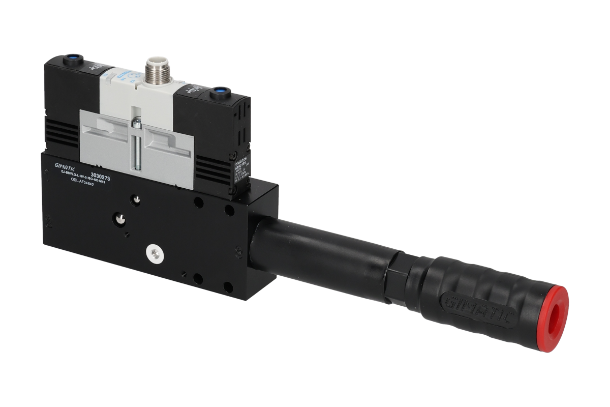 GIMATIC VACUUM EJ-BSVLG-LARGE-HV-3-ISO VACUUM PUMP WITH HOLDER AND INTEGRATED SILENCER, WITH 3/2 X2 NO SOLENOID VALVE FOR VACUUM AND BLOW-OFF, M12X1 5-PIN CONNECTION, G1/2" VACUUM PORT