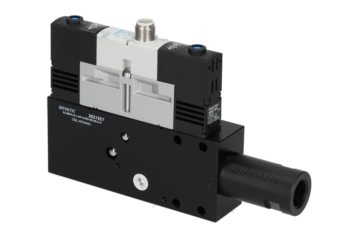 GIMATIC VACUUM EJ-BSVLG-LARGE-HF-2-ISO VACUUM PUMP WITH HOLDER, 3/2 X2 NC SOLENOID VALVE FOR VACUUM AND BLOW-OFF, M12X1 5-PIN CONNECTION, IP54, G1/2" VACUUM PORT