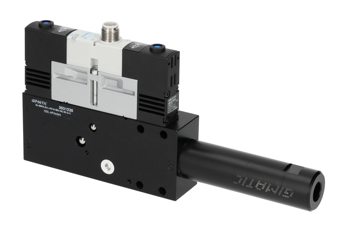 GIMATIC VACUUM EJ-BSVLG-LARGE-HV-3-ISO VACUUM PUMP WITH HOLDER, 3/2 X2 NC SOLENOID VALVE FOR VACUUM AND BLOW-OFF, M12X1 5-PIN CONNECTION, IP54, G1/2" VACUUM PORT