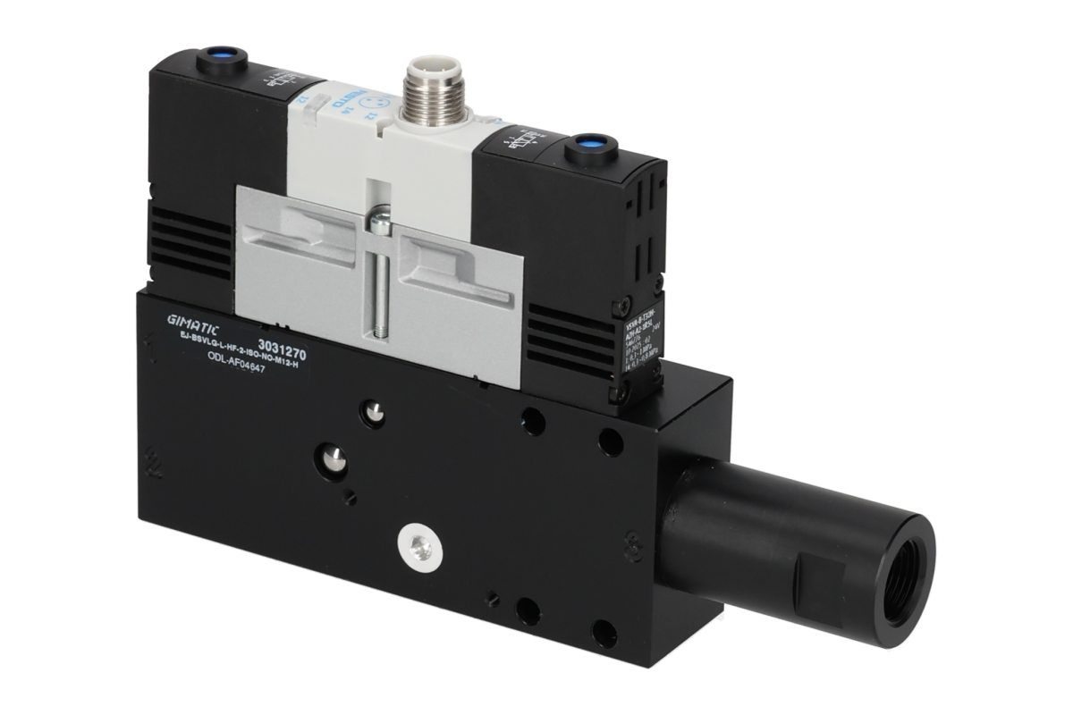 GIMATIC VACUUM EJ-BSVLG-LARGE-HF-2-ISO VACUUM PUMP WITH HOLDER, 3/2 X2 NO SOLENOID VALVE FOR VACUUM AND BLOW-OFF, M12X1 5-PIN CONNECTION, IP54, G1/2" VACUUM PORT