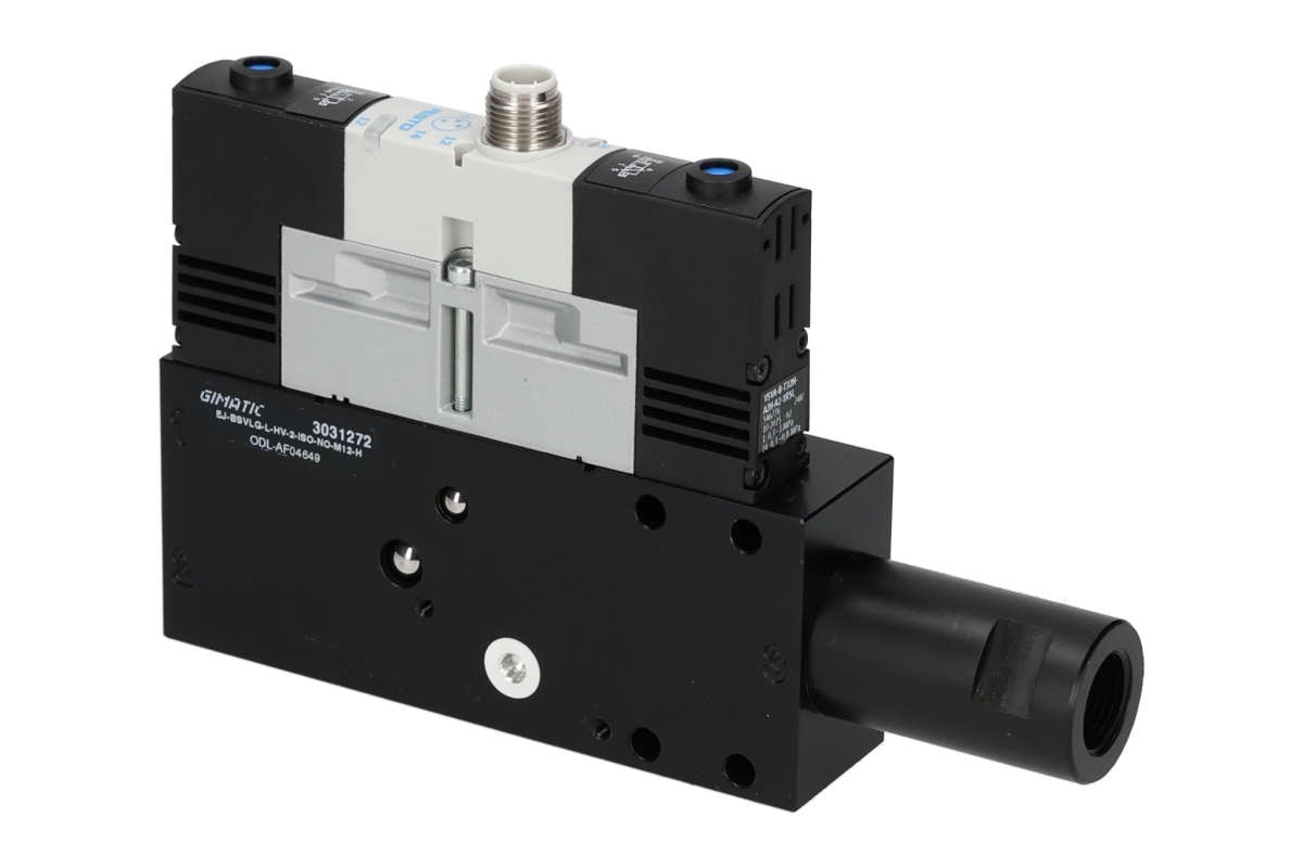 GIMATIC VACUUM EJ-BSVLG-LARGE-HV-2-ISO VACUUM PUMP WITH HOLDER, 3/2 X2 NO SOLENOID VALVE FOR VACUUM AND BLOW-OFF, M12X1 5-PIN CONNECTION, IP54, G1/2" VACUUM PORT