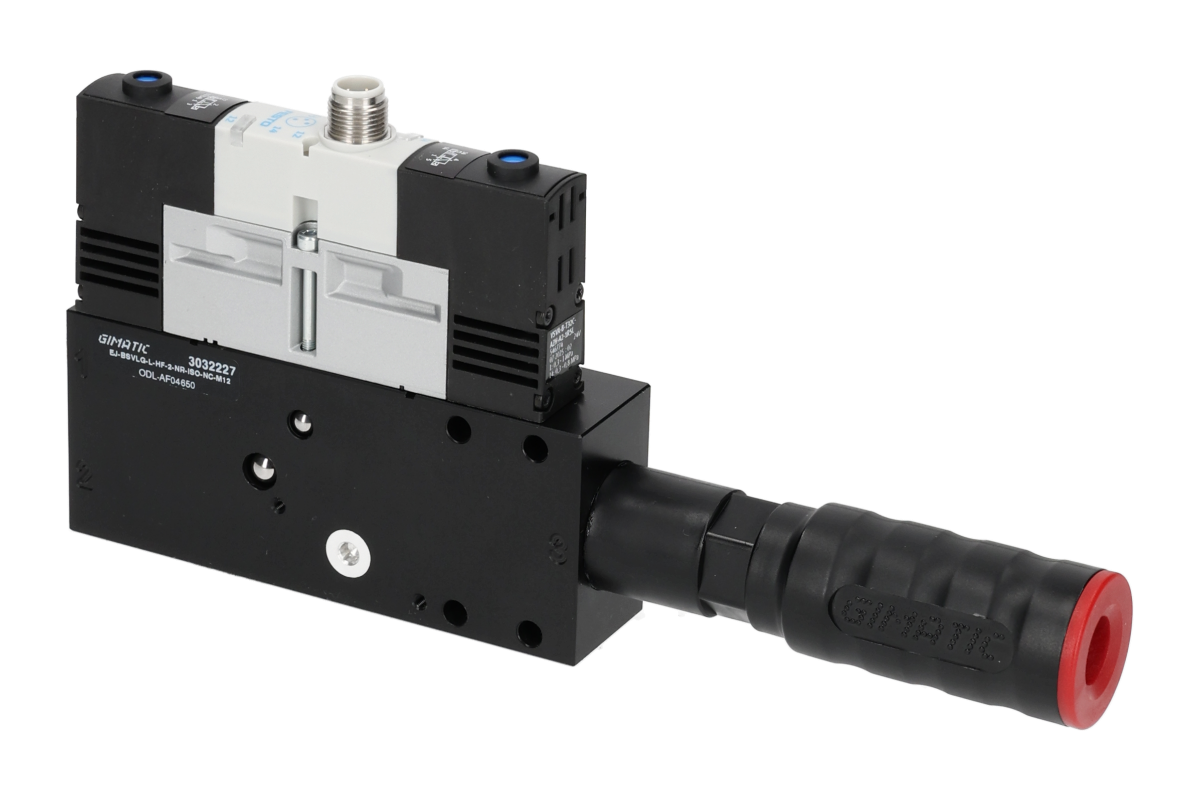 GIMATIC VACUUM EJ-BSVLG-LARGE-HF-2-NR-ISO VACUUM PUMP WITH HOLDER, 3/2 X2 NC SOLENOID VALVE FOR VACUUM AND BLOW-OFF, M12X1 5-PIN CONNECTION, IP54, G1/2" VACUUM PORT (ENERGY SAVING)