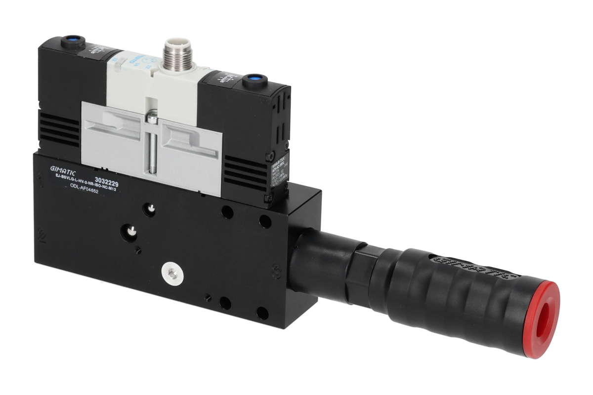 GIMATIC VACUUM EJ-BSVLG-LARGE-HV-2-NR-ISO VACUUM PUMP WITH HOLDER, 3/2 X2 NC SOLENOID VALVE FOR VACUUM AND BLOW-OFF, M12X1 5-PIN CONNECTION, IP54, G1/2" VACUUM PORT (ENERGY SAVING)