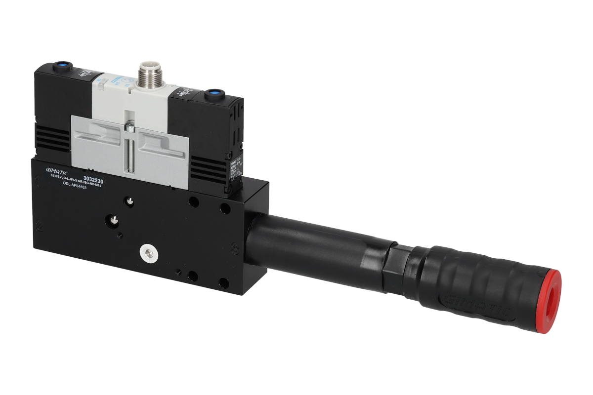 GIMATIC VACUUM EJ-BSVLG-LARGE-HV-3-NR-ISO VACUUM PUMP WITH HOLDER, 3/2 X2 NC SOLENOID VALVE FOR VACUUM AND BLOW-OFF, M12X1 5-PIN CONNECTION, IP54, G1/2" VACUUM PORT (ENERGY SAVING)