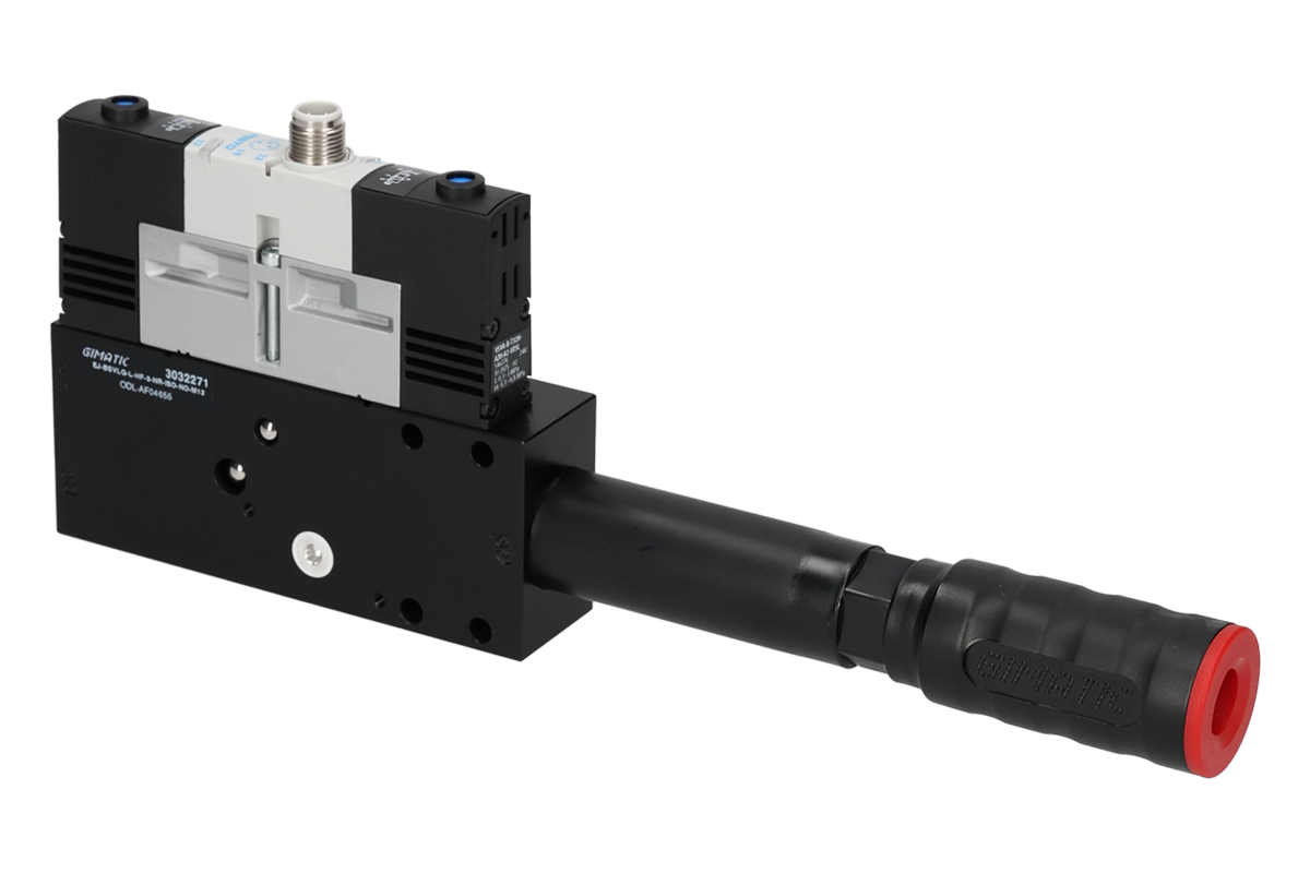 GIMATIC VACUUM EJ-BSVLG-LARGE-HF-3-NR-ISO VACUUM PUMP WITH HOLDER, 3/2 X2 NO SOLENOID VALVE FOR VACUUM AND BLOW-OFF, M12X1 5-PIN CONNECTION, IP54, G1/2" VACUUM PORT (ENERGY SAVING)
