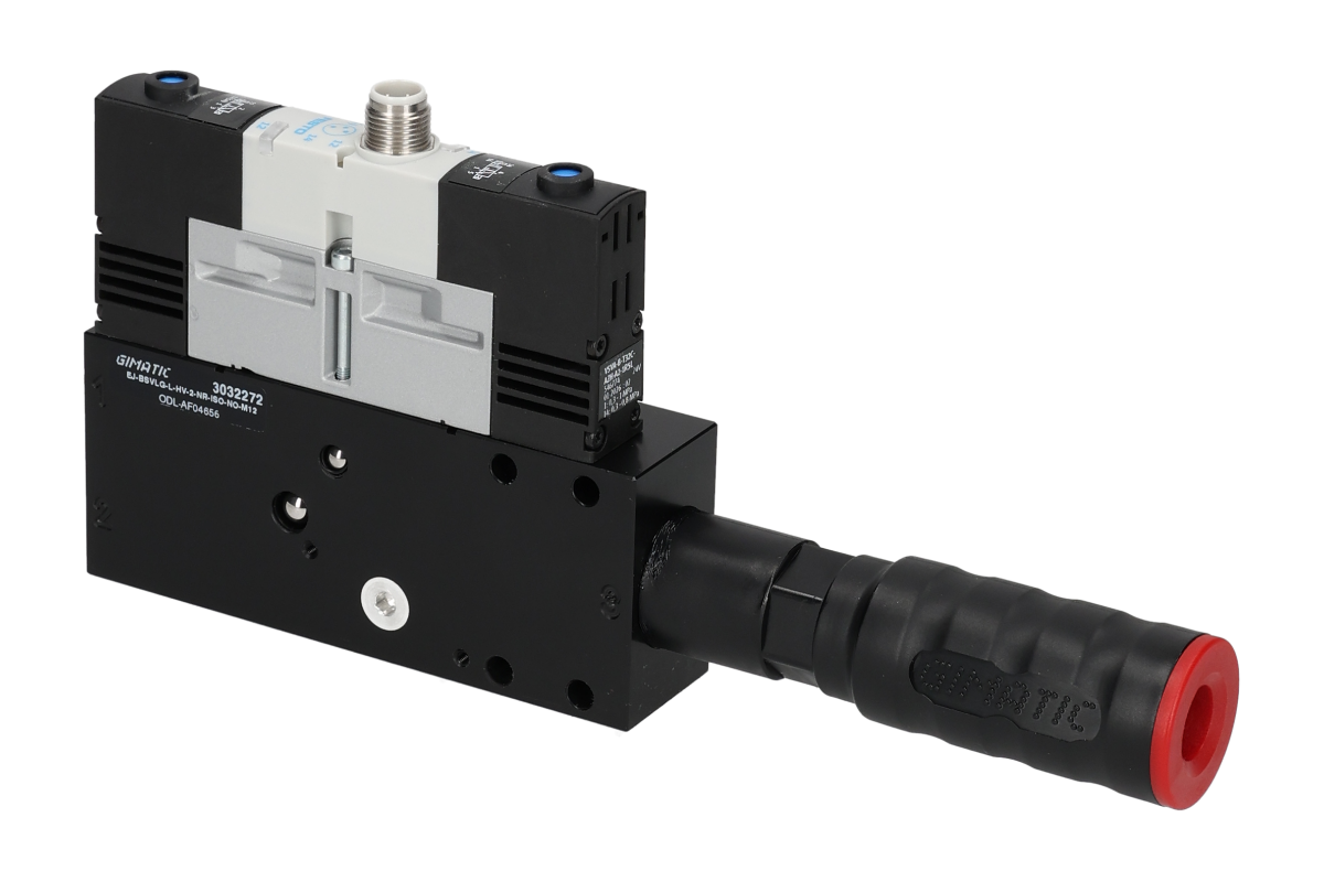 GIMATIC VACUUM EJ-BSVLG-LARGE-HV-2-NR-ISO VACUUM PUMP WITH HOLDER, 3/2 X2 NO SOLENOID VALVE FOR VACUUM AND BLOW-OFF, M12X1 5-PIN CONNECTION, IP54, G1/2" VACUUM PORT (ENERGY SAVING)