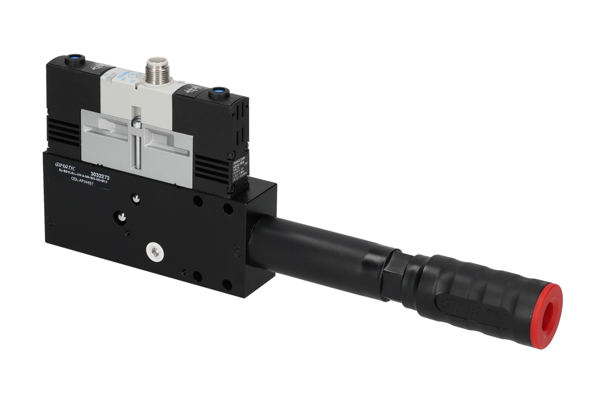 GIMATIC VACUUM EJ-BSVLG-LARGE-HV-3-NR-ISO VACUUM PUMP WITH HOLDER, 3/2 X2 NO SOLENOID VALVE FOR VACUUM AND BLOW-OFF, M12X1 5-PIN CONNECTION, IP54, G1/2" VACUUM PORT (ENERGY SAVING)