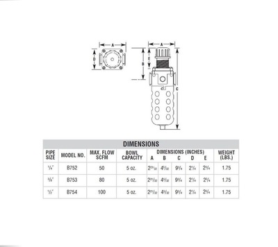 B754T ARROW FILTER/REGULATOR 1/2" NPT, 40MIC, T HANDLE