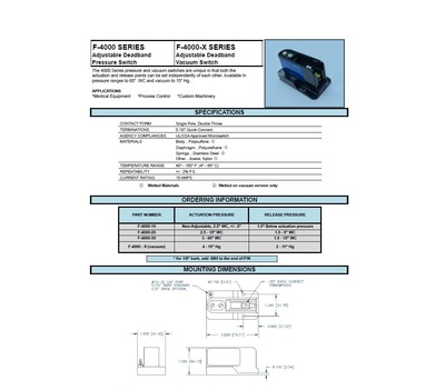 F-4000-30-FM-P85 AIRTROL PRESSURE SWITCH 1/8" BARB .5-30PSI WC FLUSH MOUNT