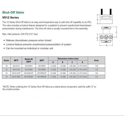 VS12-02 NUMATICS/AVENTICS SHUT-OFF VALVE 12 SERIES 1/4" NPT