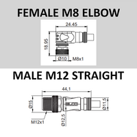 ECS-2CBO8.3-1.22/1.22/P Y-SPLITTER STRAIGHT M12 MALE 4 PINS X (2) ELBOW M8 FEMALE 3 PINS, 1 METER BLACK PUR, 24 AWG