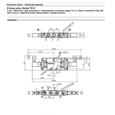 0820059101 NUMATICS/AVENTICS SOL-PILOT VALVE TC15 SERIES 5/3 CLOSED CTR 24VDC 1/4" G, FL NON LK O'RIDE