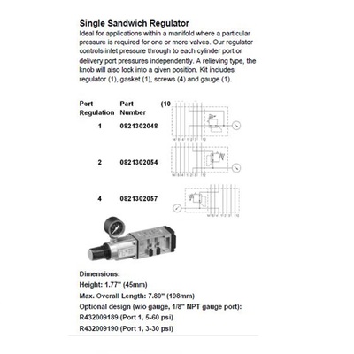 0821302048 NUMATICS/AVENTICS SANDWICH REGULATOR ISO1 5599/1 SERIES SGL PR 10-120PSI