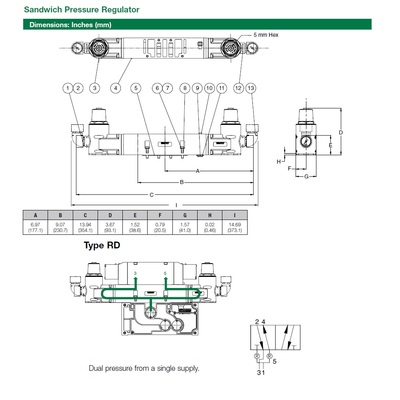 353RD100J016N00 NUMATICS/AVENTICS SANDWICH REGULATOR 2035 SERIES DUAL PR 10-130PSI, (A)JMP PL