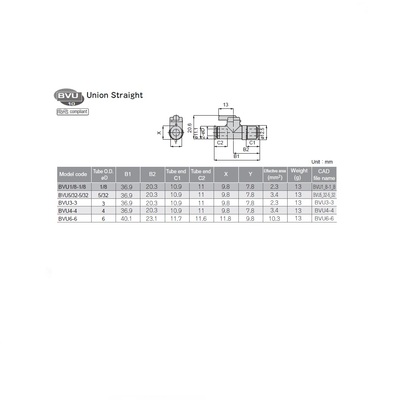 BVU6-6 PISCO NP BRASS BALL VALVE 6MM TUBE UNION ,T HANDLE