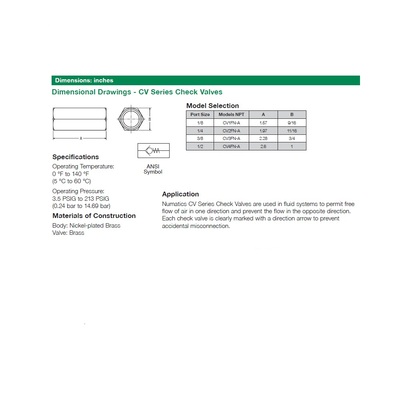 CV1FN NUMATICS/AVENTICS NP BRASS INLINE CHECK VALVE 1/8" NPT FEMALE, 213PSI
