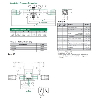 031RD741O000000 NUMATICS/AVENTICS SANDWICH REGULATOR/BASE MK3 SERIES DUAL PR 0-100PSI 1/8" NPT, HW